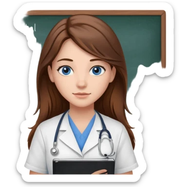 university classroom that says Mental Health Nursing on the blackboard with a pretty female nursing student with long brown hair, blue eyes sticker