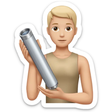a beige skin colored hand holding a cylindrical tube, no sleeves, sticker