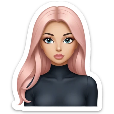 Glamours, tanned, very beautiful girl, with big pump peach-beige-rose lips, long long lashes, black straight smooth silky long hair, straight parting hair, blue-grey eyes in black long-sleeves bodysuit sticker