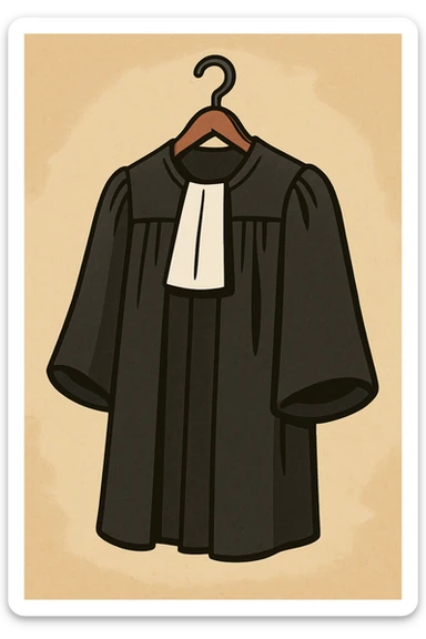 a lawyer's robe hanging on a wooden hanger, black with white collar, simple background sticker