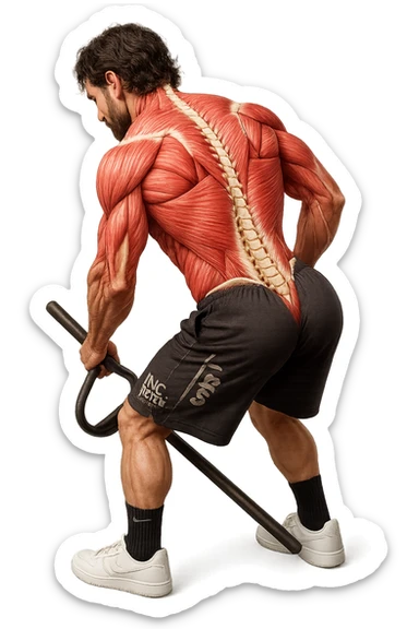 lascia questa immagine identica in cui lui esegue un T-bar con triangolo ma aggiungi fasci muscolari e spina dorsale sulla sua schiena, iperealistico 4k sticker