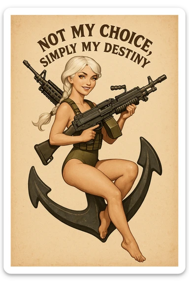 a retro military pinup " not my choice, simply my destiny "
; female figure young,gorgeous, white hair 1 braid, gold yellow eyes, riding side-saddle on a massive anchor , with a massive LMG 249,  wearing a swimsuit with plate-carrier sticker