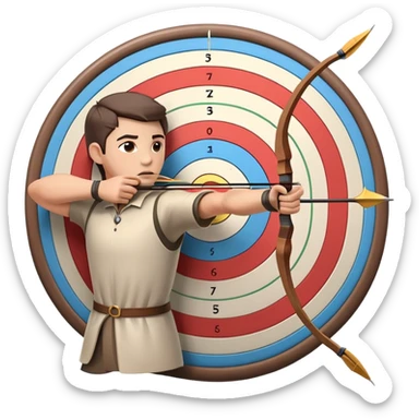 An archer drawing a bow and aiming an arrow at a target, with perfect focus and precision. The target is visible in the background, featuring concentric rings. The scene captures the concentration and skill involved in archery, emphasizing the elegance and accuracy of the sport. sticker