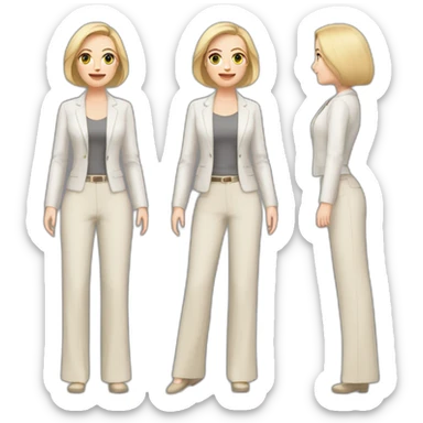 Full height Actively gesturing with hands pale skin woman with ash blonde Straightened bob Hair, White Spacious classical jacket, beige palazzo Arrow pants and gray blouse sticker