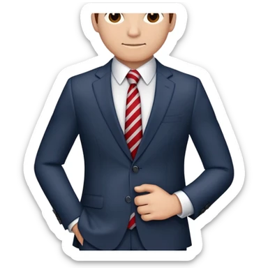 man wearing a dark blue-gray business suit with black horizontal stripes on the arms and legs, white shirt and red tie sticker