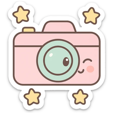 a camera kawaii style winking surrounded by stars sticker