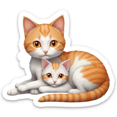 full body of very small + skinny ginger and white kitten with deep orange eyes and triangular shaped face lying down cuddling a grey and white kitten who is a bit bigger than him sticker
