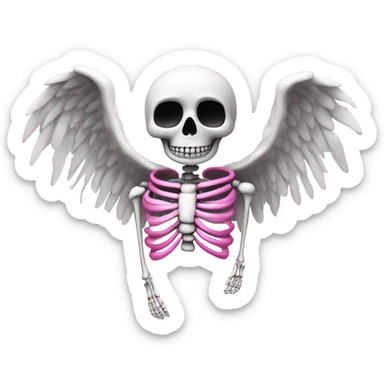 Skeleton with large pink angel wings cover in white sparkly clouds  sticker