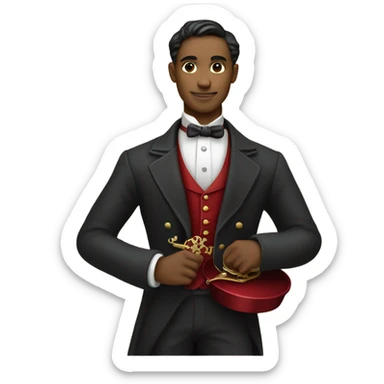 waiter in Victorian dress elegant red full body, holding big key sticker