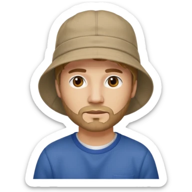 Romanian brown blond ish hair male, 30 yrs old, a little bit of facial hair, bucket hat on the head sticker