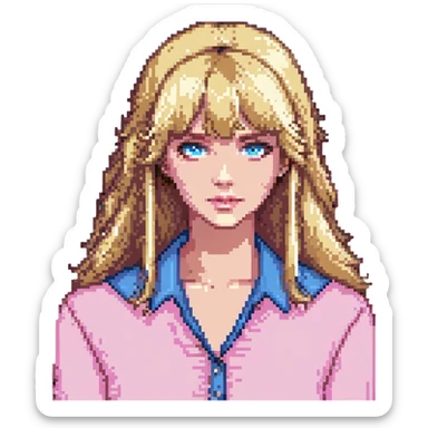 blonde woman with bangs, wearing a pink blouse, blue eyes sticker