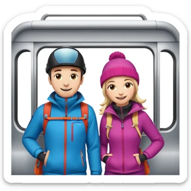 Man  and Woman in Skiing clothes in train sticker