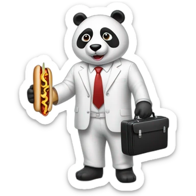 A professor with white suit and red tie and a panda face eating a hotdog and holding a black suitcase sticker