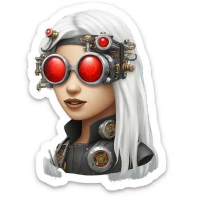 White long hair female cyborg head with red steampunk goggles and circuits sticker