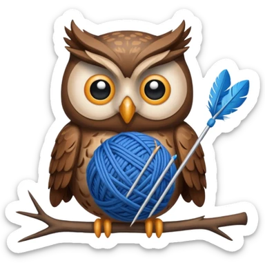 Owl holding blue yarn ball and knitting needles sticker