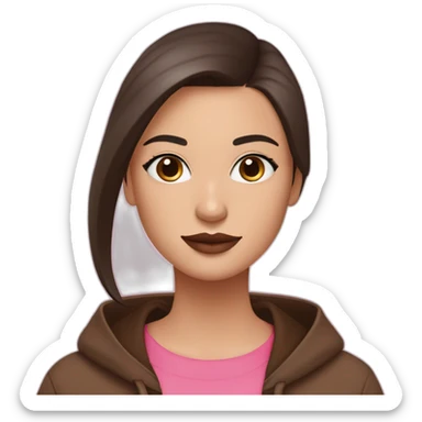 White women with long dark brown hair and long eyelashes dark brown eyes and pink cheeks with pink lips and thick dark brown eyebrows wearing a brown hoody sticker