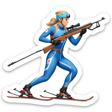An icon featuring snow-covered trees, distant mountains, and a clear blue sky with a biathlete in motion, holding a rifle and skiing across a snowy course. Transparent background highlights the precision, endurance, and excitement of biathlon. sticker