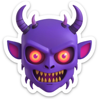 purple demon bot face only, menacing but cute, glowing eyes, small horns, 3D look sticker