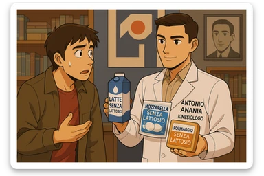 fai un webtoon manga a colori con questo stile, in cui un uomo ASCOLTA Il kinesiologo con il camice bianco (fagli anche la scritta "ANTONIO ANANIA" SUL CAMICE, IL KINESIOLOGO SPIEGA ALL'UOMO UNA MOSTRANDO VARI PRODOTTI DA SUPERMERCATO CONFEZIONATI (TIPO SCATOLA DI LATTE, MOZZARELLE CONFEZIONATE, FORMAGGIO CONFEZIONATO), OGNI CONFEZIONE HA LA SCRITTA "SENZA LATTOSIO SULL'ETICHETTA. L'UOMO OSSERVA IL KINESIOLOGO CON ESPRESSIONE CONFUSA IN VOLTO. non fare i fumetti però, fai solo in modo che sembri stiano parlando sticker