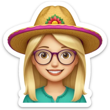 blonde girl with straight hair and glasses with a Mexican hat  sticker