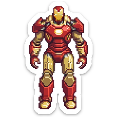 Hulkbuster armor, massive red and gold Iron Man suit designed to fight Hulk, bulky armored exoskeleton, retro video game style sticker