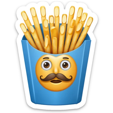 long slim crispy fries in a blue carton, carton has eyes and mustache sticker