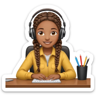 realistic brown skinned female with braids sitting at a desk with headphones on sticker