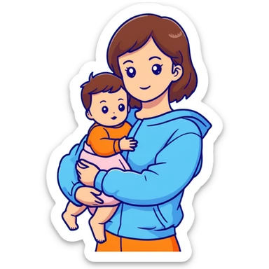 brunette girl with brown hair wearing pastel blue clothes holding a baby sticker