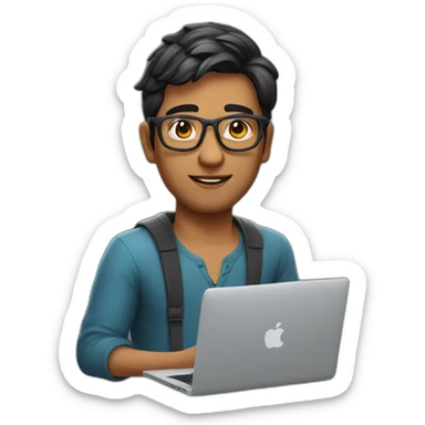 indian student developer with a macbook, wearing glasses, no facial hair sticker