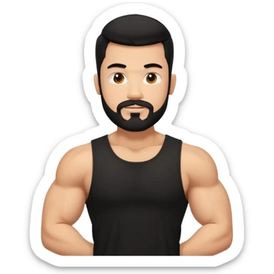 generate an ios genmoji of a fair guy with black wearing a sleevless black tshirt with big biceps and a goatee style beard sticker