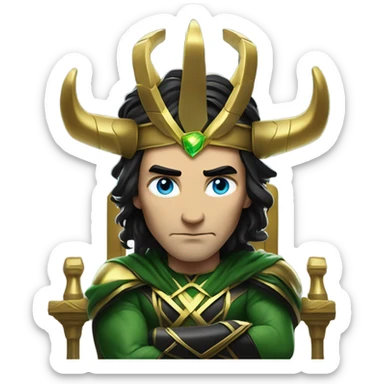 Loki season 2 End Holds the multiverse by green cables serius expernession, gold long crown horns, black hair, blue eye sitting in throne sticker
