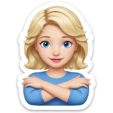 Girl Blonde short wavy hair,  blue eyes, cute blue top, long lashes, pink lips, smiling, making cross arms X with arms  sticker