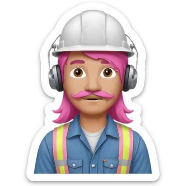 construction worker with long pink hair and protective headphones and mustache sticker