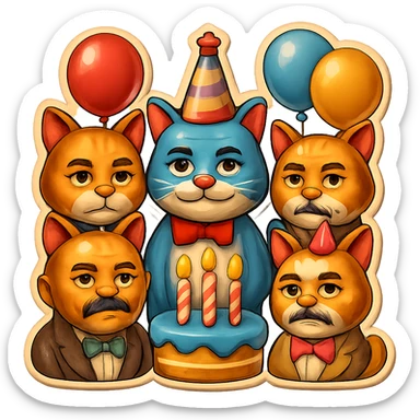 Make the six cats look more like men in their forties, with subtle masculine facial features, mature expressions, and hints of age, while keeping the festive birthday party emoji style. Preserve the transparent background. sticker