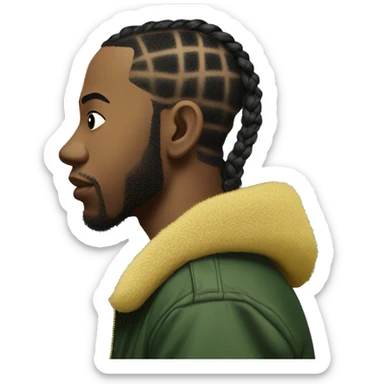 Side profile of a hip hop artist with braids. His arm is pointing down. He's wearing a puffy dark green jacket. The jacket has a furry yellow collar.  sticker