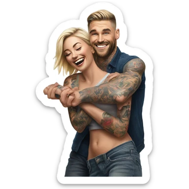 Hyper Realistic beautiful woman getting a piggy back off a handsome tattooed man laughing  sticker