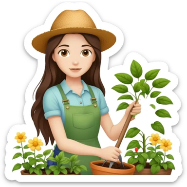 beautiful pale brunette girl with long hair gardening sticker