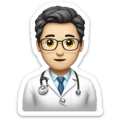 A male doctor in a white coat with a middle part haircut, as korean idol sticker