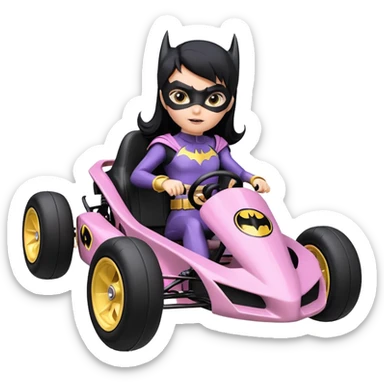 Hot full size real size-appearance electric racing action BatGirl’s feminine midnight-colored tight outfit sixty’s tv show 1992 dark stealthy sporty safe plush petite off-road pursuit cruiser car rose gold accents (black hair,reclined and relaxed torso and shoulders seating position) go kart  sticker
