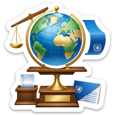 An icon featuring a podium with a speaker, a ballot box with a voting slip, and a globe, symbolizing political science. The design includes scales of justice and a world map in the background, representing governance and global politics. Transparent background highlights political analysis. sticker