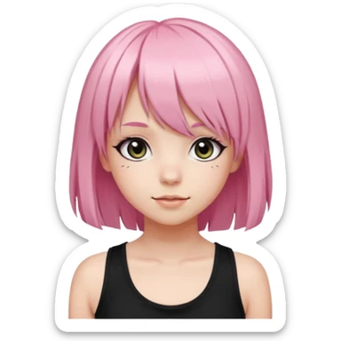 A girl with light pink hair with big black pupils and long manga style lashes and bangs wearing a black tank sticker