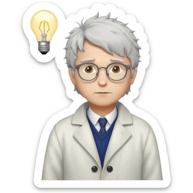 Pixel art, WorldBox style.
Human character with “Genius” trait: grey messy hair, small round glasses, white scholar coat, thoughtful face.
Add small glowing lightbulb or spark above head to show high intelligence.
Full body, front view, no background, 32x32 or 64x64 pixels. sticker