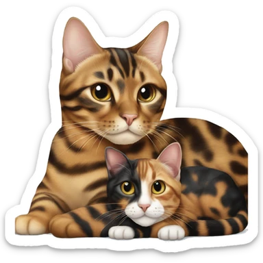 A tortoiseshell cat laying on top of a bengal cat in heart shape sticker