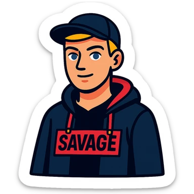 young man with short blonde hair, blue eyes, light skin, dark cap, dark hoodie over a "SAVAGE" t-shirt, white outline sticker effect sticker