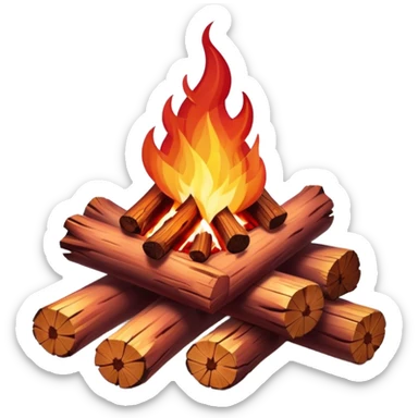 Cinematic Realistic Campfire, a roaring flame crackling atop carefully arranged logs, embers glowing deep red, golden light casting soft flickering shadows, gentle smoke drifting upwards, glowing with warmth and coziness. sticker