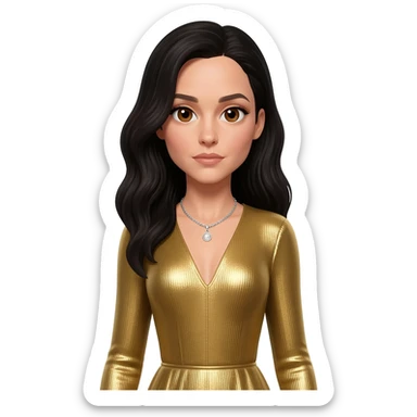 Gal Gadot with brown eyes, black long hair, gold metallic long sleeve dress, silver necklace sticker