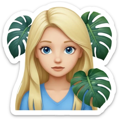 Blonde Young baddie with Long blonde Hair, blue-grey eyes and her big monstera sticker