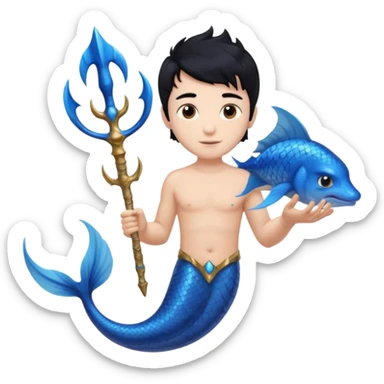 boy, black hair, brown eyes, white skin, Triton, with Triton in hand, blue Triton tail and blue triton ears sticker