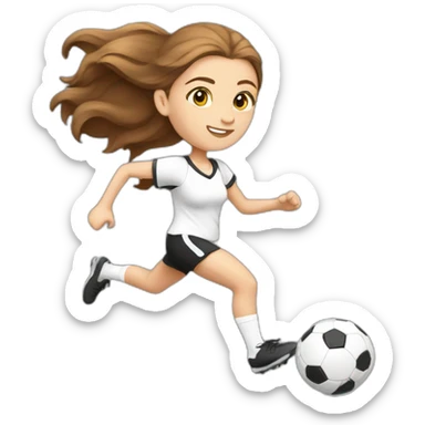 Caucasian girl with brown long hair running with a soccer ball wearing White short and black shorts sticker