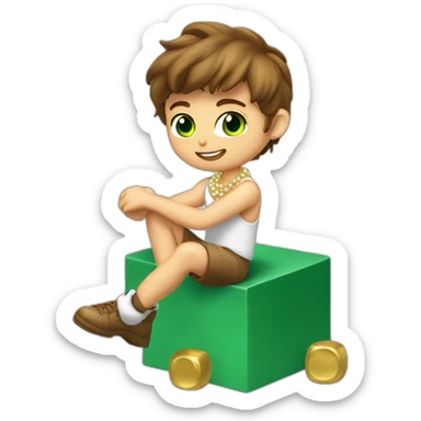 Posh-muscle-boy-brown-hair-green-eyes-pearl-necklace-sitting-on-golden-cube sticker